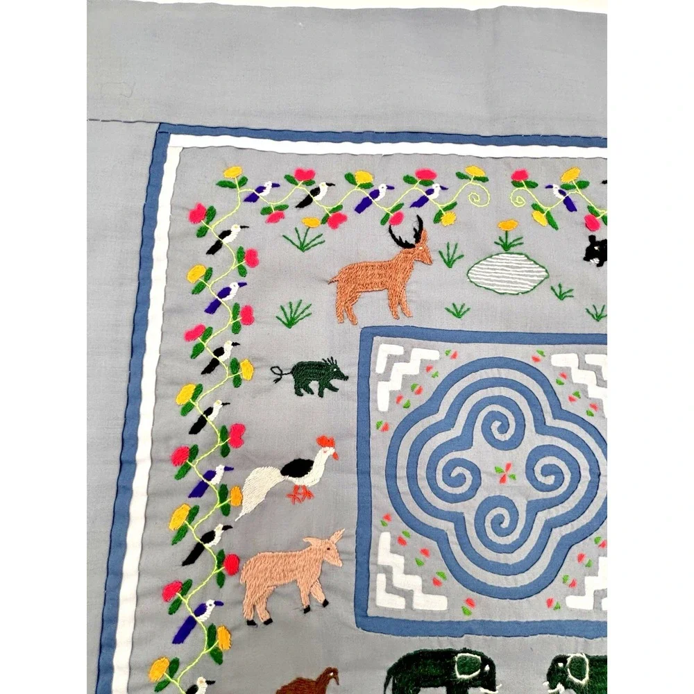 Vintage Hmong Hand Embroidered Story Cloth Tapestry Matching Set of 2 17.5x17.5
